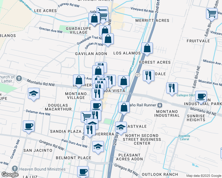 map of restaurants, bars, coffee shops, grocery stores, and more near 223 Montaño Road Northwest in Albuquerque