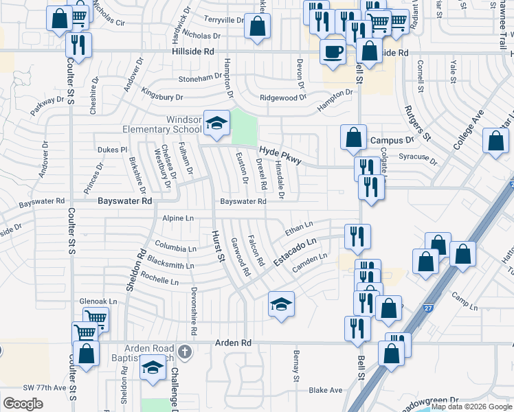map of restaurants, bars, coffee shops, grocery stores, and more near 6503 Bayswater Rd in Amarillo