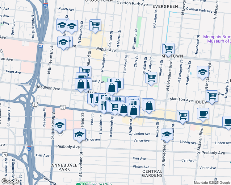 map of restaurants, bars, coffee shops, grocery stores, and more near 1472 Madison Avenue in Memphis
