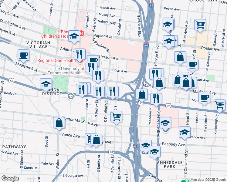 map of restaurants, bars, coffee shops, grocery stores, and more near 1003 Monroe Avenue in Memphis