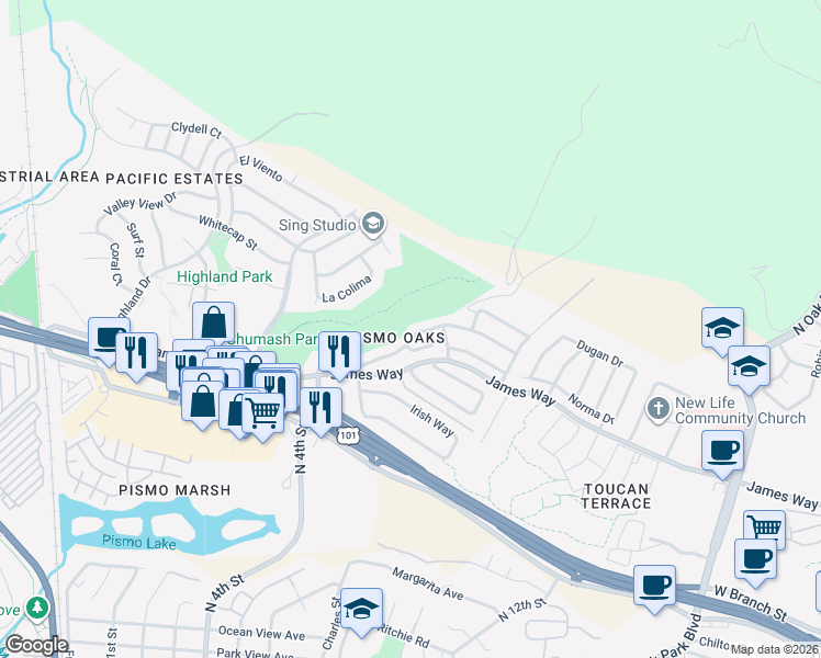 map of restaurants, bars, coffee shops, grocery stores, and more near 672 Shamrock Lane in Pismo Beach