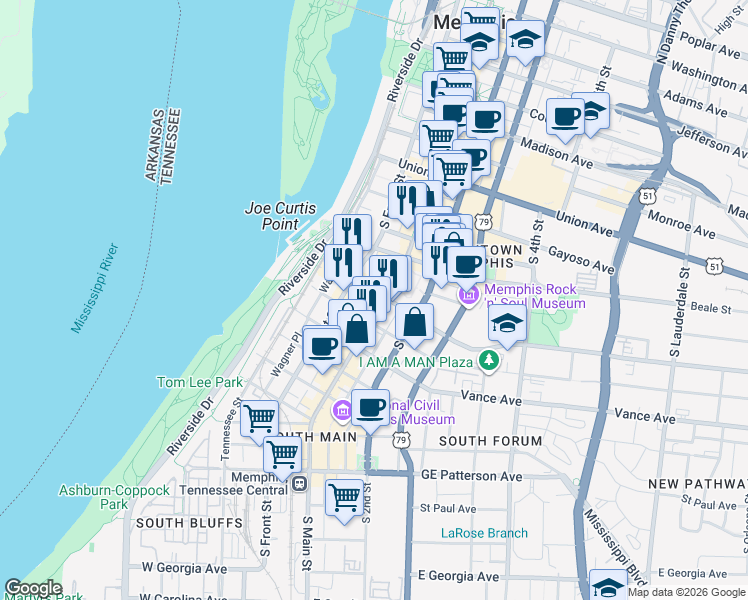 map of restaurants, bars, coffee shops, grocery stores, and more near in Memphis