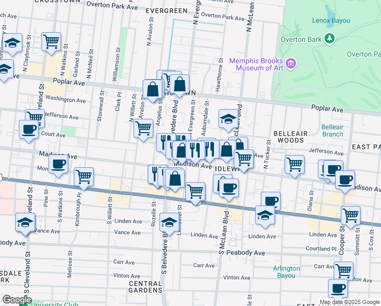 map of restaurants, bars, coffee shops, grocery stores, and more near 1734 Madison Avenue in Memphis