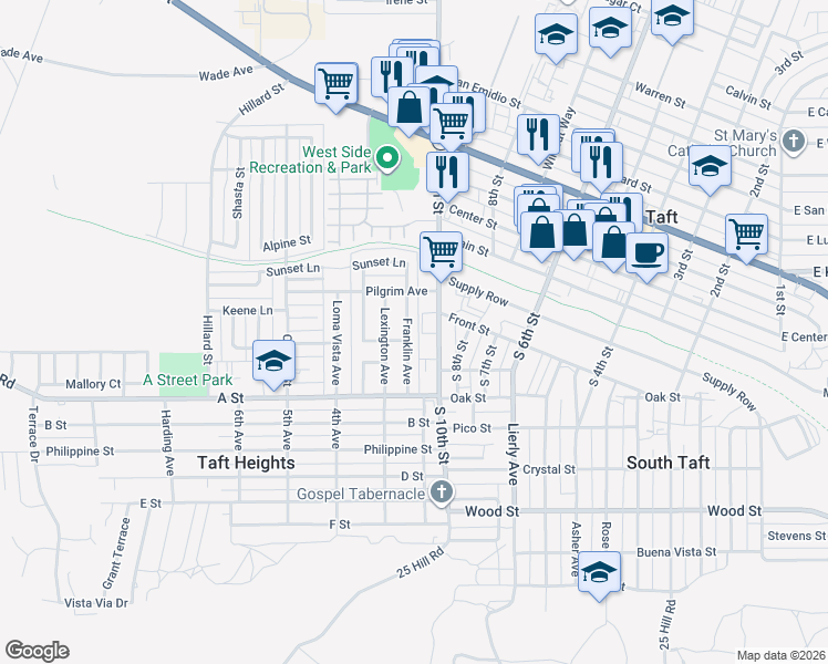 map of restaurants, bars, coffee shops, grocery stores, and more near 114 Franklin Avenue in Taft