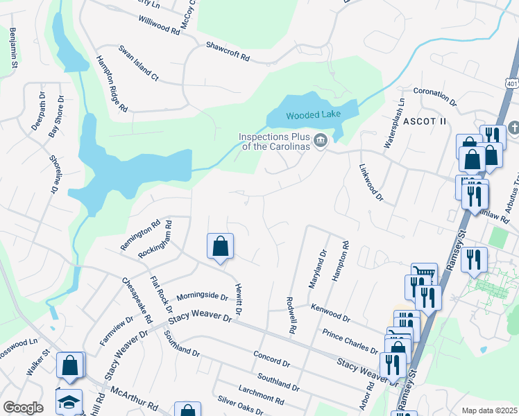 map of restaurants, bars, coffee shops, grocery stores, and more near 5823 Cherrystone Drive in Fayetteville