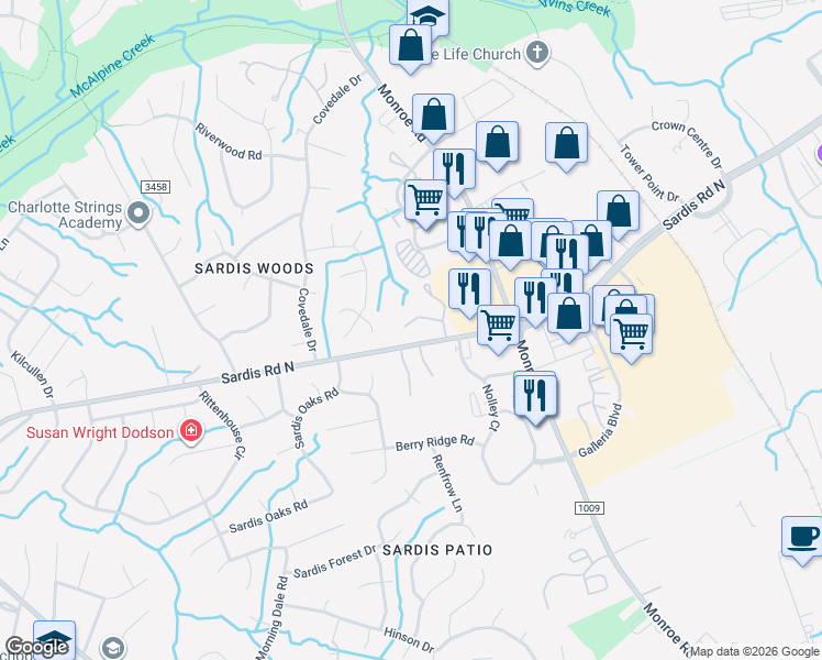 map of restaurants, bars, coffee shops, grocery stores, and more near in Charlotte