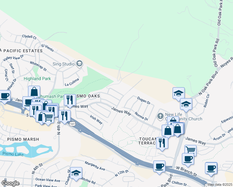 map of restaurants, bars, coffee shops, grocery stores, and more near 741 Panorama Drive in Pismo Beach