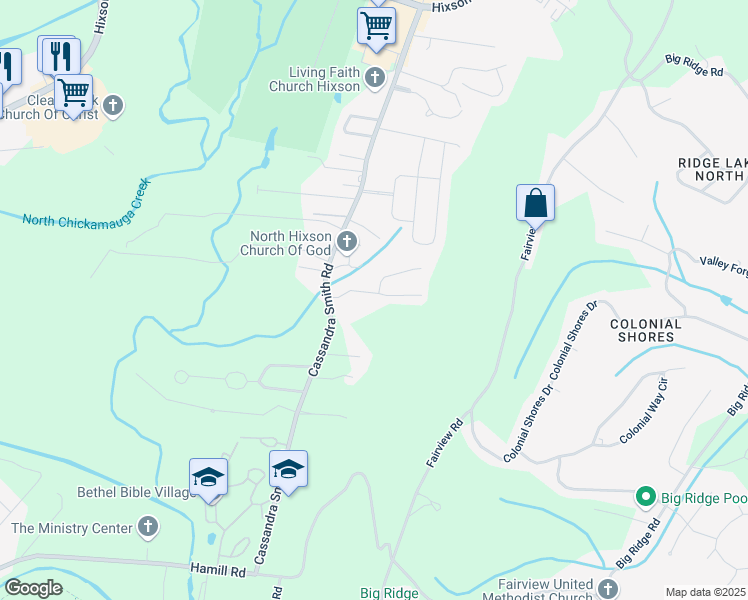 map of restaurants, bars, coffee shops, grocery stores, and more near 6064 Amber Forest Trail in Chattanooga