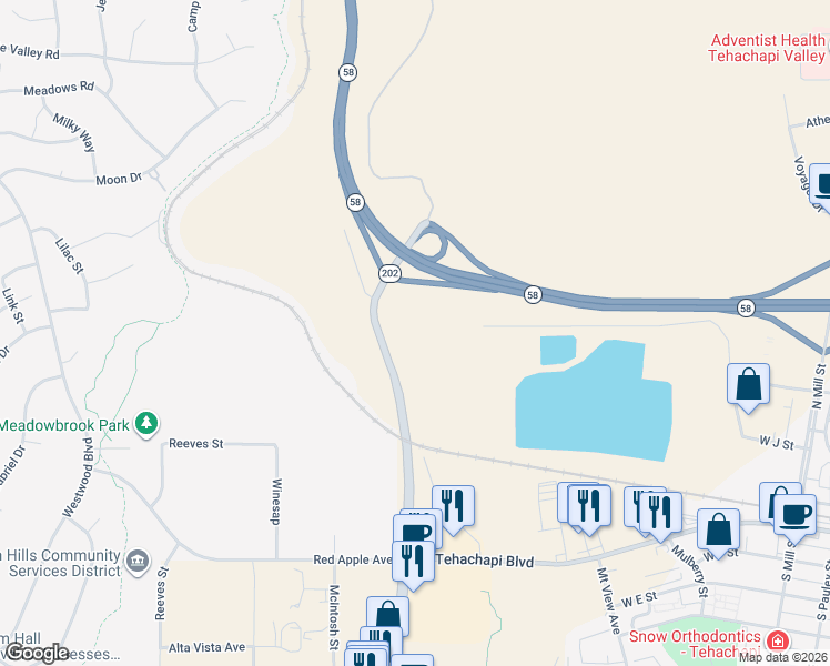 map of restaurants, bars, coffee shops, grocery stores, and more near 750 Enterprise Way in Tehachapi