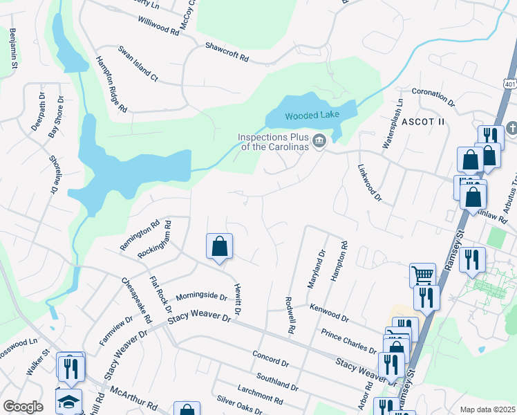 map of restaurants, bars, coffee shops, grocery stores, and more near 5823 Cherrystone Drive in Fayetteville