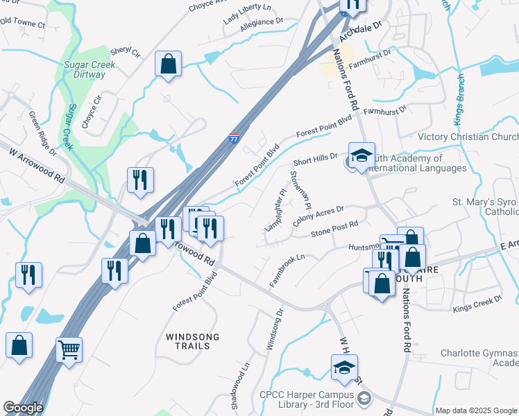 map of restaurants, bars, coffee shops, grocery stores, and more near 523 Short Hills Drive in Charlotte