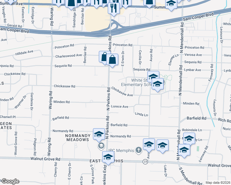 map of restaurants, bars, coffee shops, grocery stores, and more near 4649 Chickasaw Road in Memphis