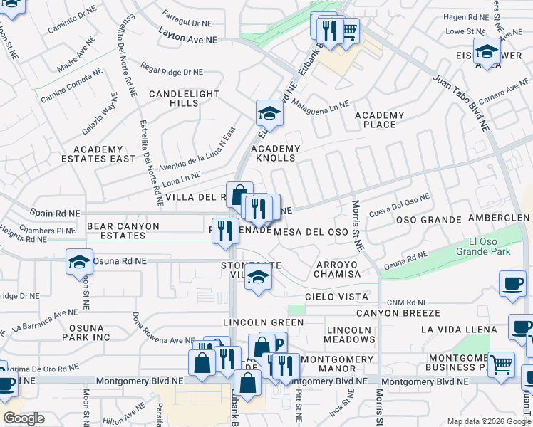 map of restaurants, bars, coffee shops, grocery stores, and more near 15 Spain Road Northeast in Albuquerque