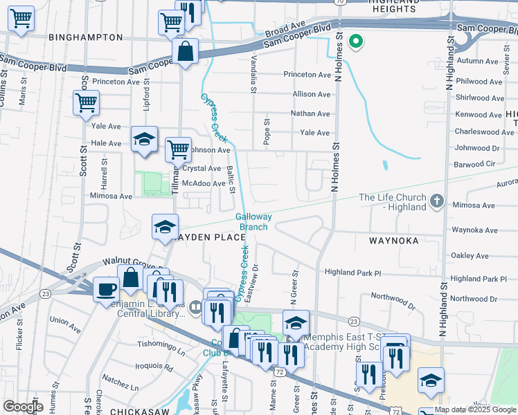 map of restaurants, bars, coffee shops, grocery stores, and more near 3137 Mimosa Avenue in Memphis