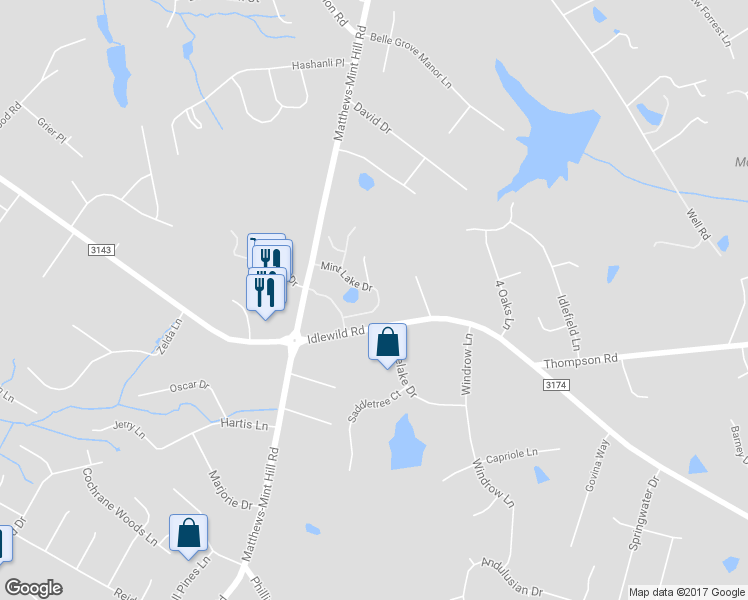map of restaurants, bars, coffee shops, grocery stores, and more near 13339 Mint Lake Drive in Matthews