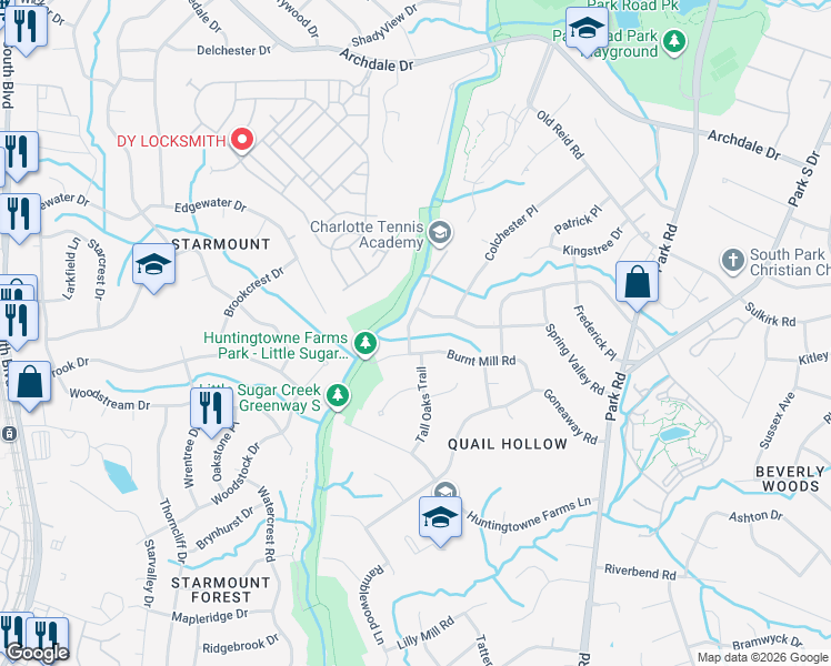 map of restaurants, bars, coffee shops, grocery stores, and more near 6317 Birmingham Drive in Charlotte