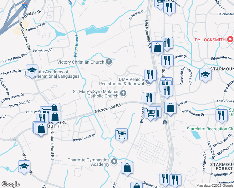 map of restaurants, bars, coffee shops, grocery stores, and more near 7809 Old Pineville Road in Charlotte
