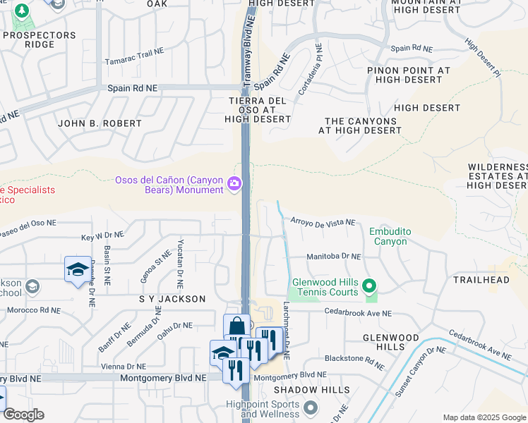 map of restaurants, bars, coffee shops, grocery stores, and more near 5185 Glenwood Pointe Lane Northeast in Albuquerque