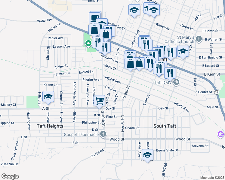 map of restaurants, bars, coffee shops, grocery stores, and more near 701 Front Street in Taft