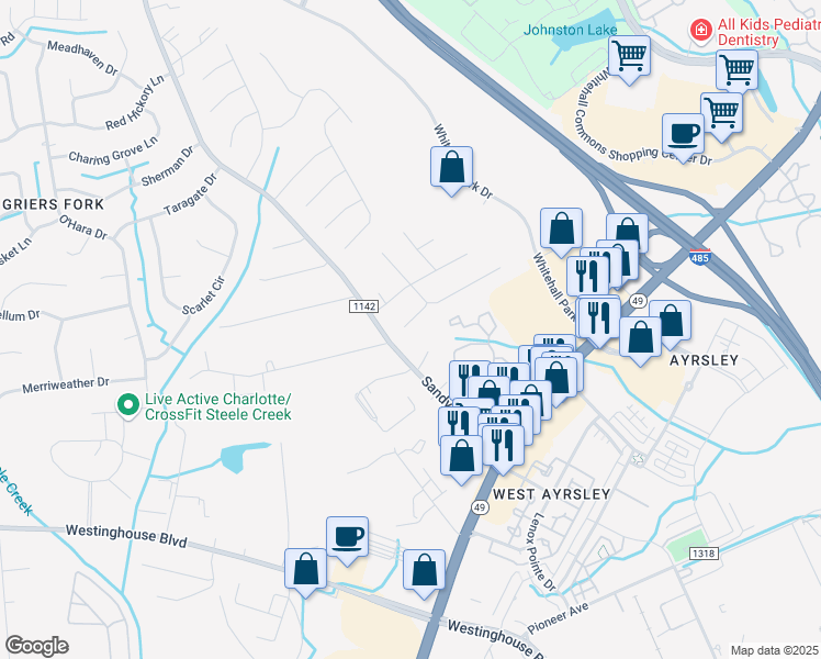 map of restaurants, bars, coffee shops, grocery stores, and more near 9024 Blueshot Court in Charlotte