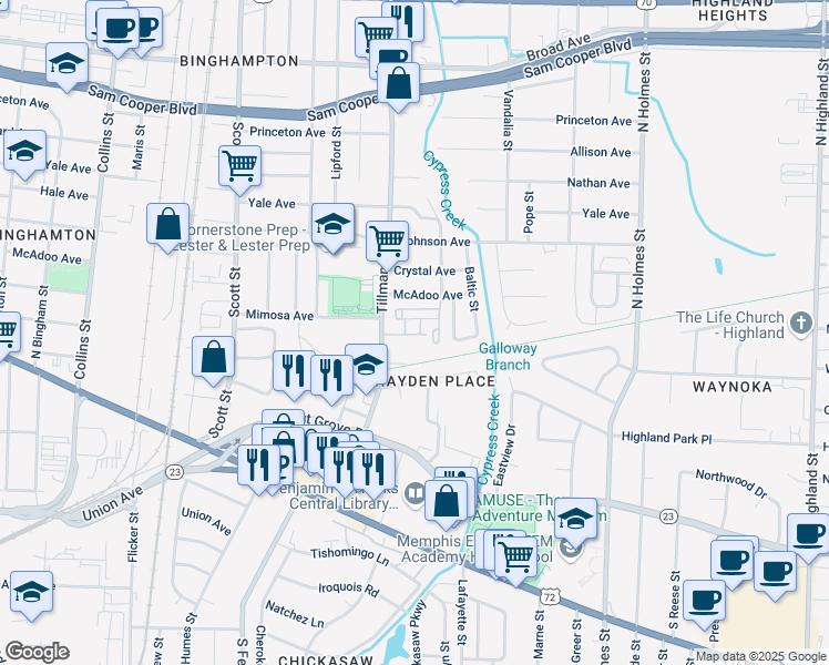 map of restaurants, bars, coffee shops, grocery stores, and more near 3000 Tillman Cove in Memphis