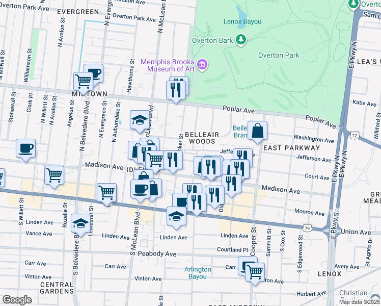 map of restaurants, bars, coffee shops, grocery stores, and more near 1965 Jefferson Avenue in Memphis