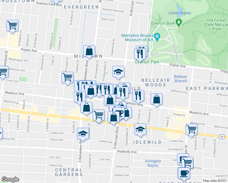 map of restaurants, bars, coffee shops, grocery stores, and more near 35 North McLean Boulevard in Memphis