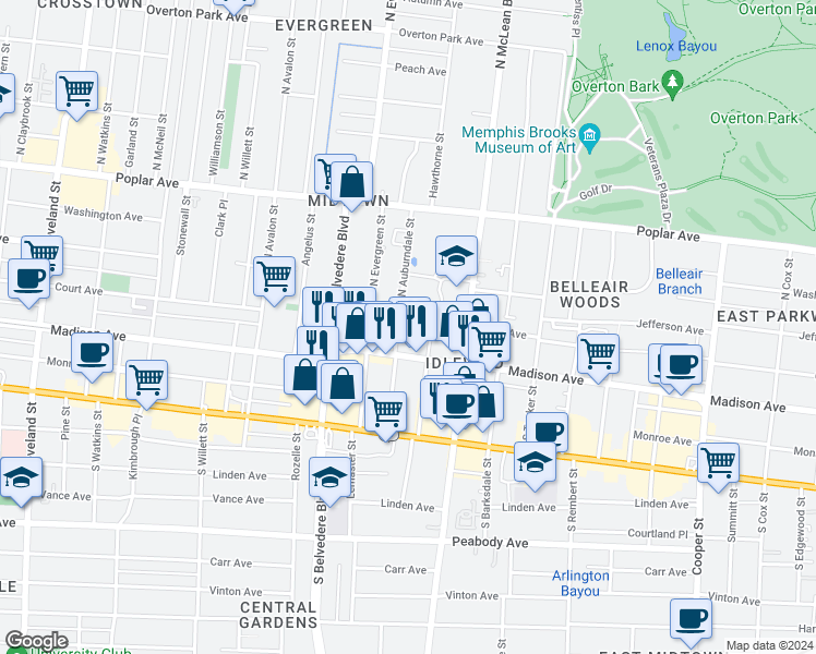 map of restaurants, bars, coffee shops, grocery stores, and more near 35 North Idlewild Street in Memphis