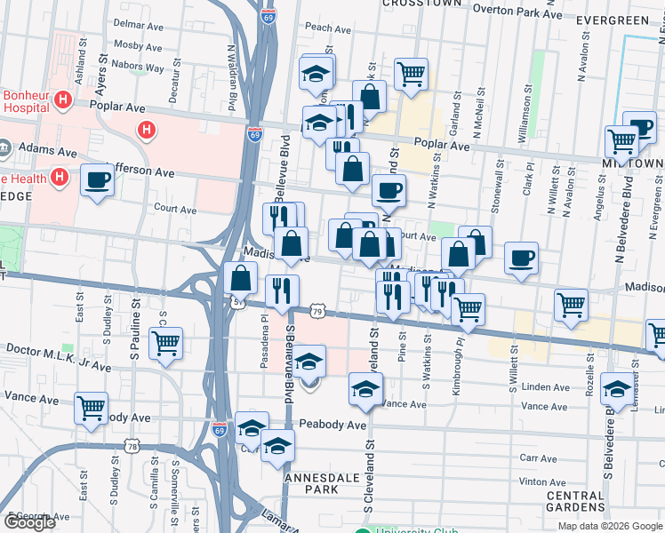 map of restaurants, bars, coffee shops, grocery stores, and more near 1293 Madison Avenue in Memphis