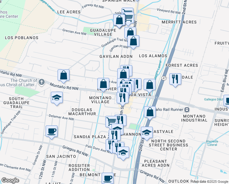 map of restaurants, bars, coffee shops, grocery stores, and more near 507 Montaño Road Northwest in Albuquerque