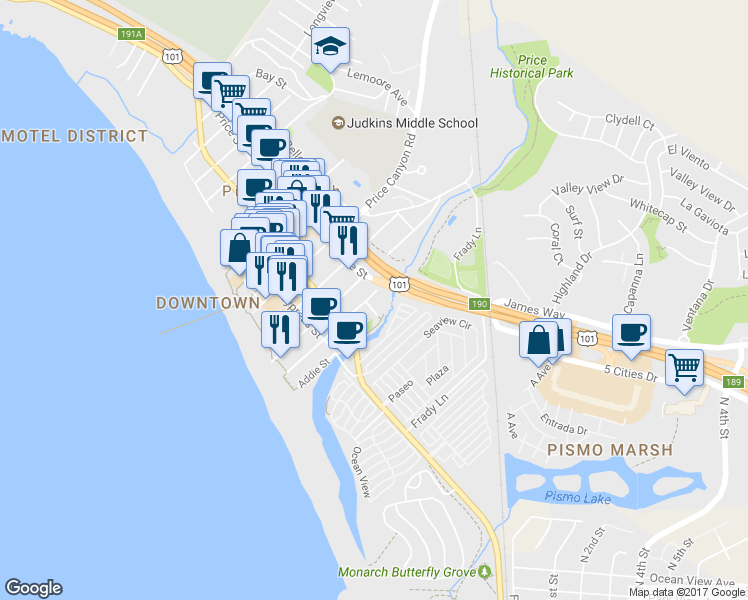 map of restaurants, bars, coffee shops, grocery stores, and more near 376 Park Avenue in Pismo Beach