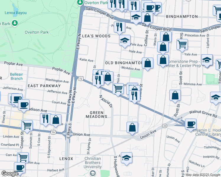 map of restaurants, bars, coffee shops, grocery stores, and more near 2504 Poplar Avenue in Memphis