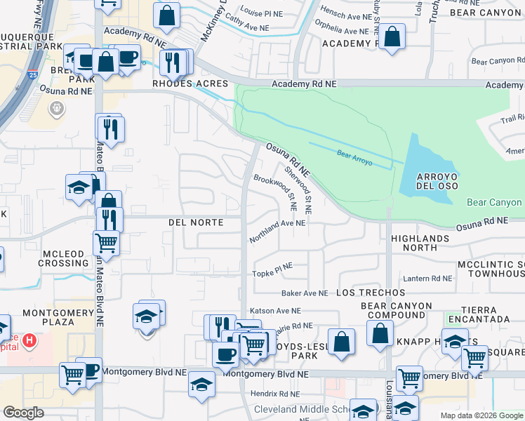 map of restaurants, bars, coffee shops, grocery stores, and more near 6217 Jeffery Avenue Northeast in Albuquerque