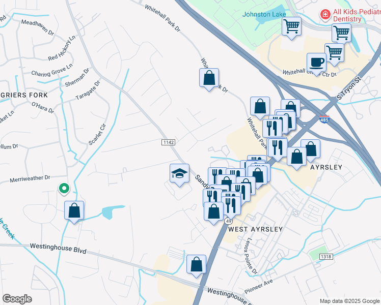 map of restaurants, bars, coffee shops, grocery stores, and more near 9024 Blueshot Court in Charlotte