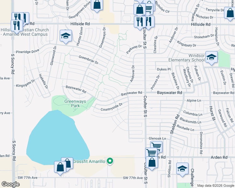 map of restaurants, bars, coffee shops, grocery stores, and more near 7601 Norwood Drive in Amarillo