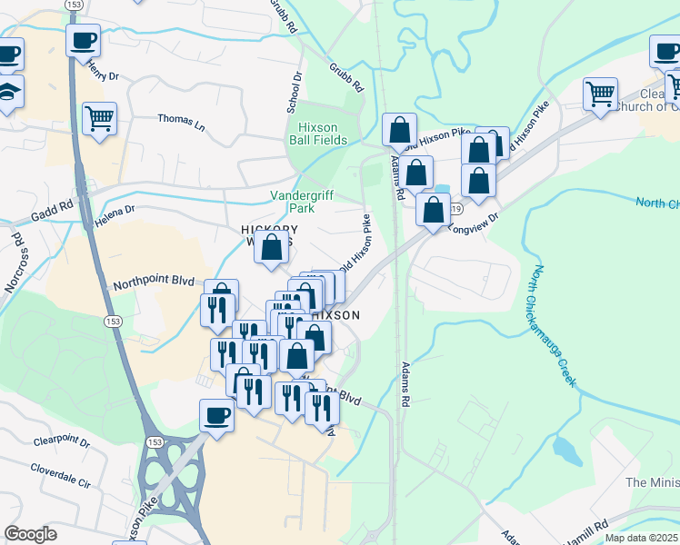 map of restaurants, bars, coffee shops, grocery stores, and more near 5221 Old Hixson Pike in Chattanooga