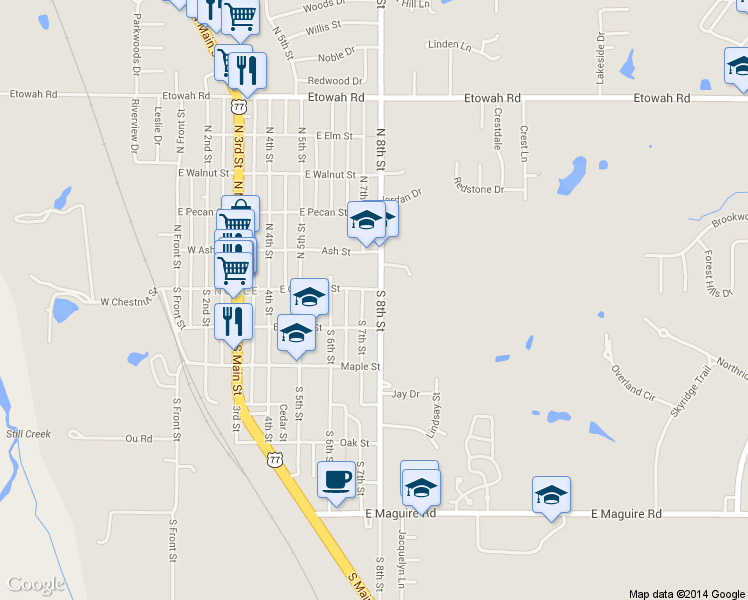 map of restaurants, bars, coffee shops, grocery stores, and more near 103 S 7th St in Noble