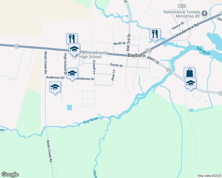 map of restaurants, bars, coffee shops, grocery stores, and more near 305 Pine Lane in Bayboro