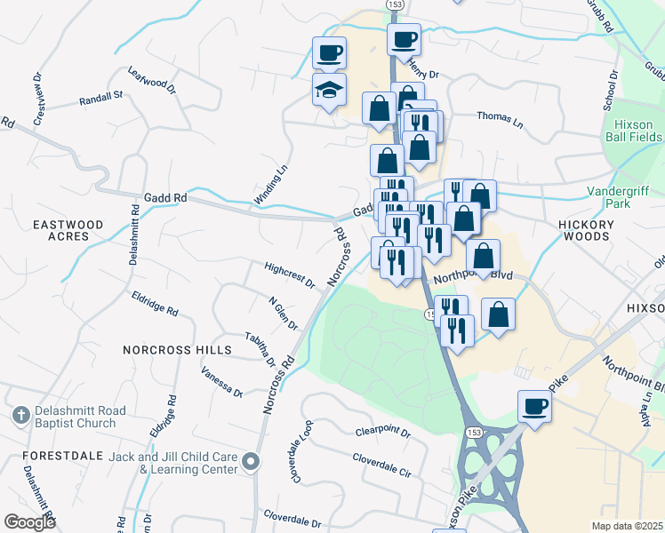 map of restaurants, bars, coffee shops, grocery stores, and more near 4731 Norcross Road in Chattanooga