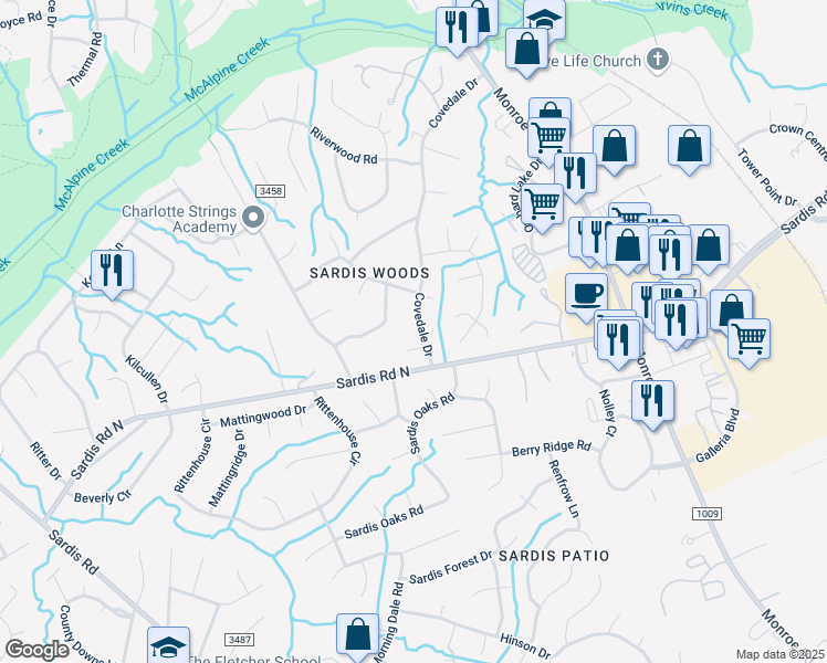 map of restaurants, bars, coffee shops, grocery stores, and more near 9632 Covedale Drive in Charlotte