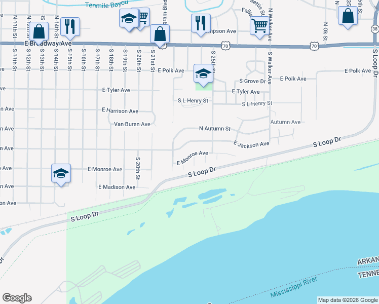 map of restaurants, bars, coffee shops, grocery stores, and more near 2308 East Monroe Avenue in West Memphis
