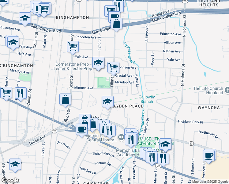 map of restaurants, bars, coffee shops, grocery stores, and more near 3000 Tillman Cove in Memphis