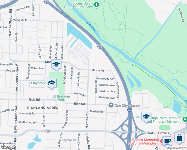 map of restaurants, bars, coffee shops, grocery stores, and more near 289 Richbriar Street in Memphis