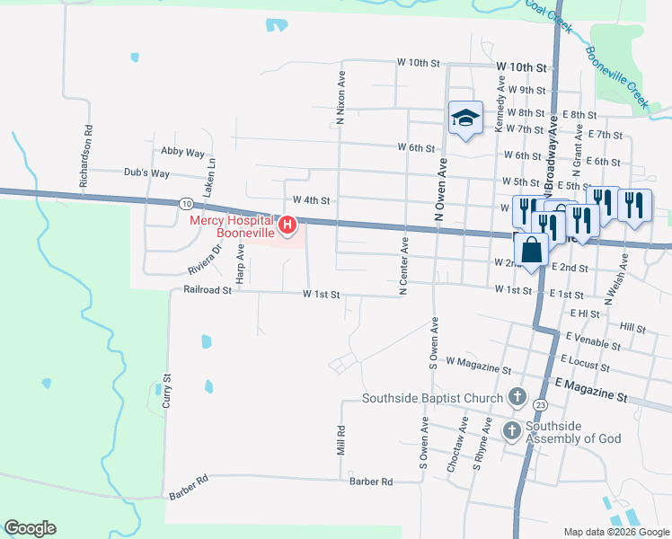 map of restaurants, bars, coffee shops, grocery stores, and more near 100 North Nixon Avenue in Booneville