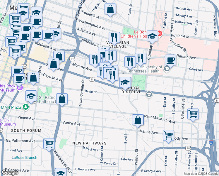 map of restaurants, bars, coffee shops, grocery stores, and more near 675 Union Avenue in Memphis