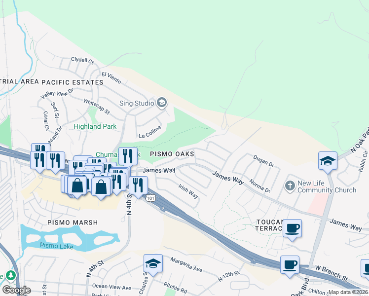 map of restaurants, bars, coffee shops, grocery stores, and more near 672 Shamrock Lane in Pismo Beach