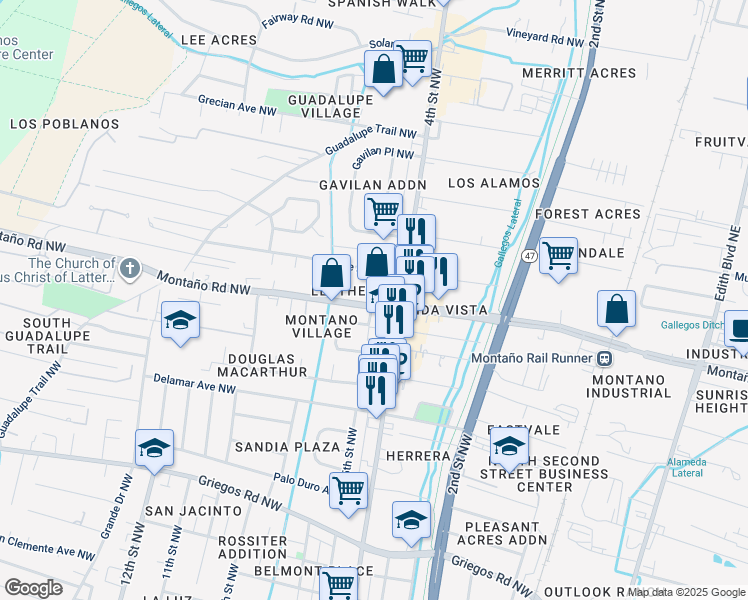 map of restaurants, bars, coffee shops, grocery stores, and more near 507 Montaño Road Northwest in Albuquerque