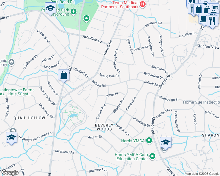 map of restaurants, bars, coffee shops, grocery stores, and more near 3700 Sulkirk Road in Charlotte