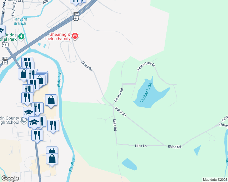 map of restaurants, bars, coffee shops, grocery stores, and more near 12 Diemer Road in Fayetteville