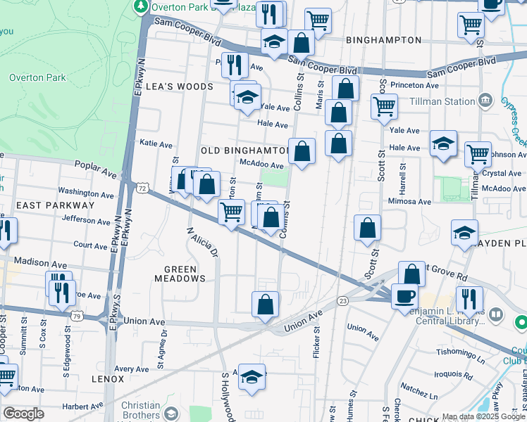 map of restaurants, bars, coffee shops, grocery stores, and more near 2581 School Avenue in Memphis